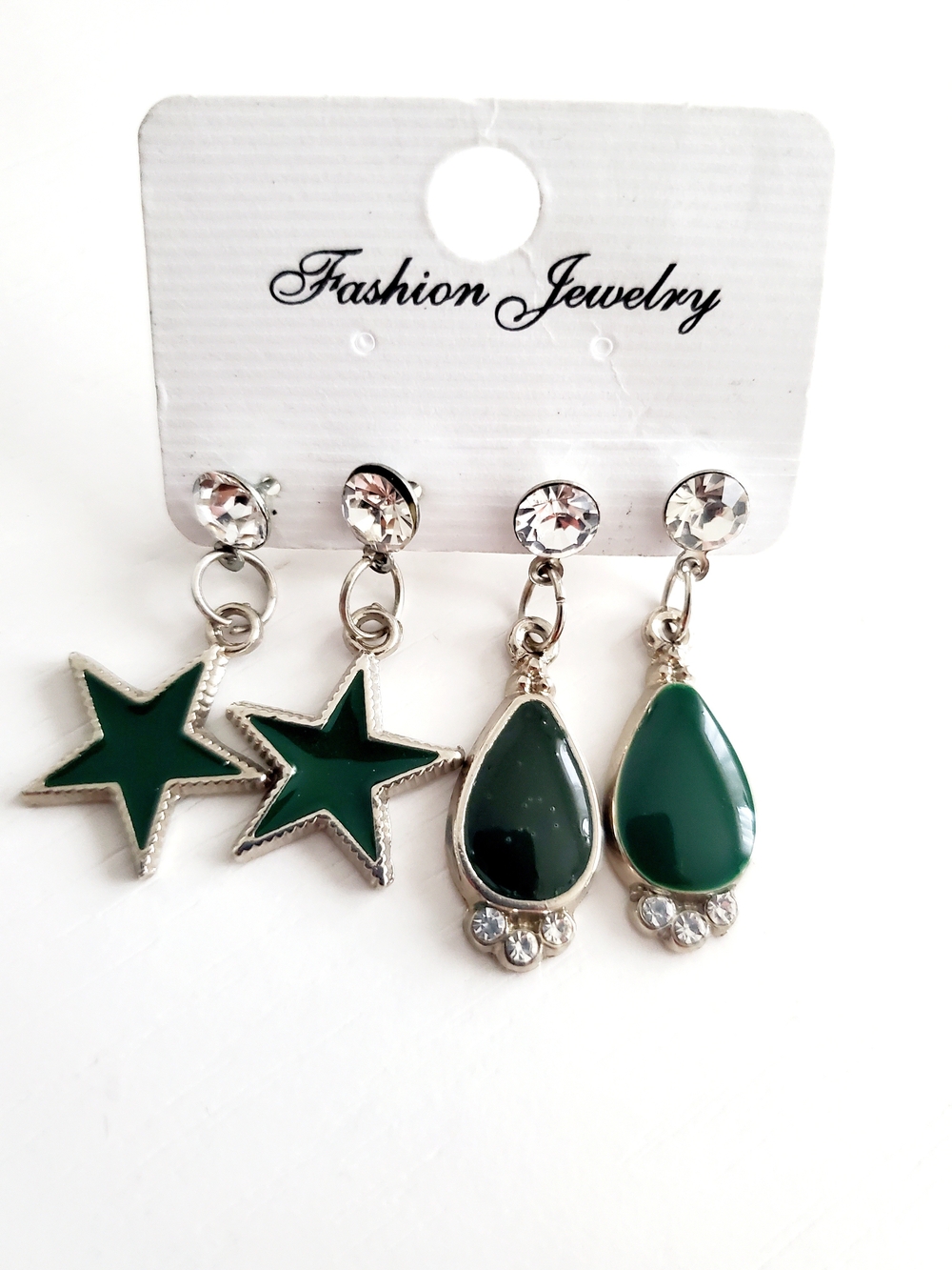 Fashion Jewelry Dark Green Star & Teardrop Earring Duo